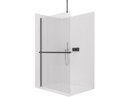 CERANO - Sprchová zástěna Walk-in Onyx Top Round L/P - 8 mm - kulatá vzpěra + polička/držák na ručníky - černá matná, rýhované sklo - 80x200 cm