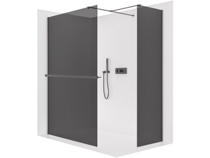 CERANO - Sprchová zástěna Walk-in Onyx T L/P - 8 mm - hranatá vzpěra + polička/držák na ručníky - černá matná, grafitové sklo - 120x110x200 cm