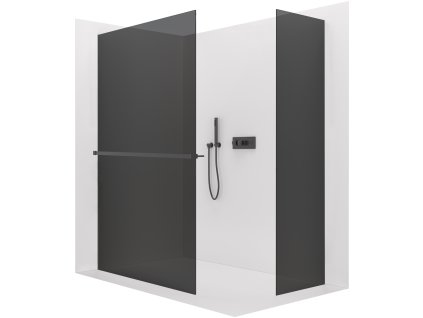 CERANO - Sprchová zástěna Walk-in Crystal T L/P - 8 mm - bezvzpěrový systém + polička/držák na ručníky - černá matná, grafitové sklo - 140x110 cm