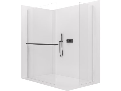 CERANO - Sprchová zástěna Walk-in Crystal T L/P - 8 mm - bezvzpěrový systém + polička/držák na ručníky - černá matná, transparentní sklo - 90x90 cm