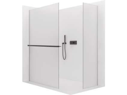 CERANO - Sprchová zástěna Walk-in Crystal T L/P - 8 mm - bezvzpěrový systém + polička/držák na ručníky - černá matná, mléčné sklo - 90x80 cm