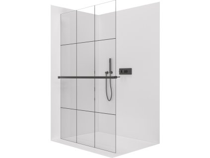CERANO - Sprchová zástěna Walk-in Crystal L/P - 8 mm + polička/držák na ručníky - bezvzpěrový systém - černá matná, industriální sklo - 150x200 cm