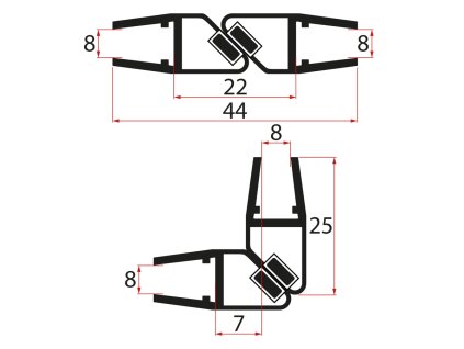 Set magnetických těsnění 45°pro sklo 8/8mm , 2000mm, černá
