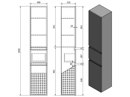 ALTAIR vysoká skříňka s košem 40x184x31cm, pravá, dub emporio