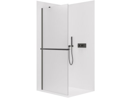 CERANO - Sprchová zástěna Walk-in Onyx Y L/P - 8 mm - kulatá vzpěra + polička/držák na ručníky - černá matná, mléčné sklo - 40x200 cm