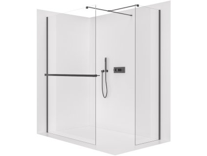 CERANO - Sprchová zástěna Walk-in Onyx T L/P - 8 mm - hranatá vzpěra + polička/držák na ručníky - černá matná, transparentní sklo - 70x40 cm