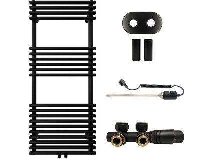 CERANO - Koupelnový radiátorový set Luigi - kombinované výtápění, termo tyč - středové připojení 50 mm - 545W - černá matná - 1200x500 mm