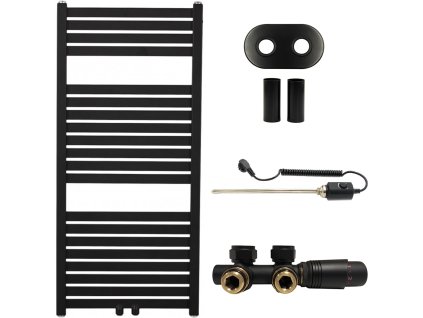 CERANO - Koupelnový radiátorový set Luigino - kombinované výtápění, termo tyč - středové připojení 50 mm - 300W - černá matná - 970x450 mm