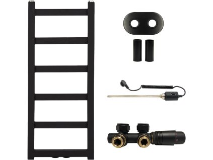 CERANO - Koupelnový radiátorový set Pyrodeus - kombinované výtápění, termo tyč - středové připojení 50 mm - černá matná - 730x300 mm