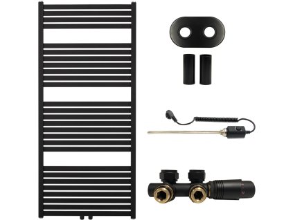 CERANO - Koupelnový radiátorový set Vincenzo - kombinované výtápění, termo tyč - středové připojení 50 mm - 600W - černá matná - 1330x600 mm