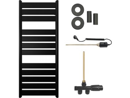 CERANO - Koupelnový radiátorový set Arturo - kombinované vytápění, termo tyč - boční jednobodové připojení - 644W - černá matná - 1200x500 mm