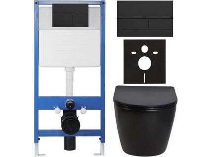 CERANO - Kompletní podomítkový WC set Lite/Verde - černá lesklá - WC tlačítko Line, černá matná - předstěnová instalace - 49x36 cm