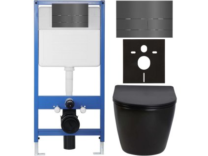 CERANO - Kompletní podomítkový WC set Lite/Verde - černá lesklá - WC tlačítko Line, tmavě šedá - předstěnová instalace - 49x36 cm
