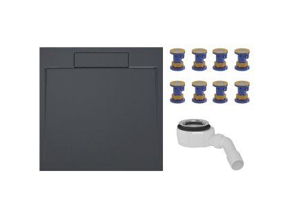 CERANO - Sprchová vanička z litého mramoru čtvercová Loro - tmavě šedá - 100x100 + výškově nastavitelné/samolepící nožky - modrá/žlutá - set/8 ks