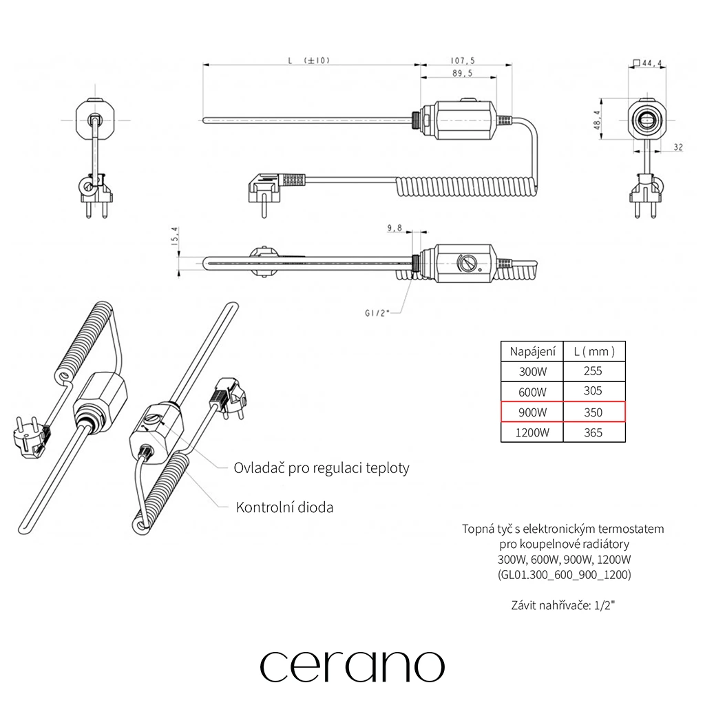 CERANO - Elektrická topná tyč s termostatem 900W - bílá lesklá