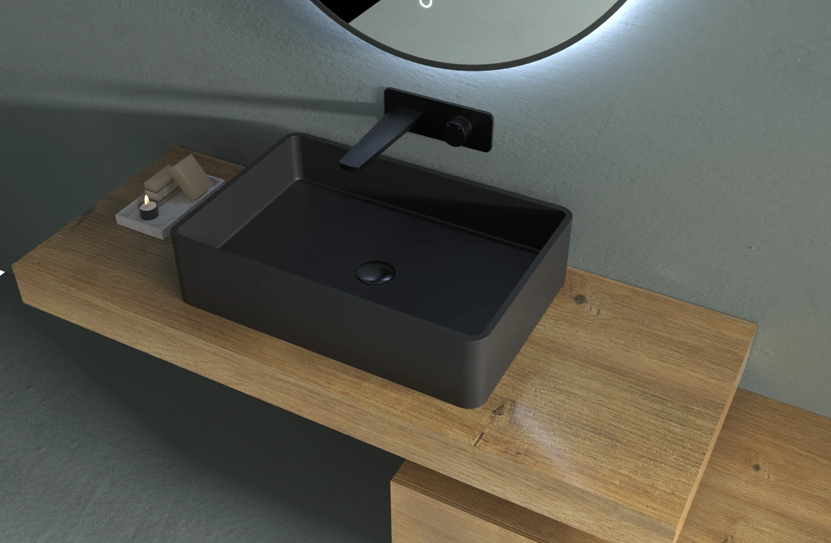 CERANO - Umyvadlo z litého mramoru Lacerta - na desku - černá matná - 60x40 cm