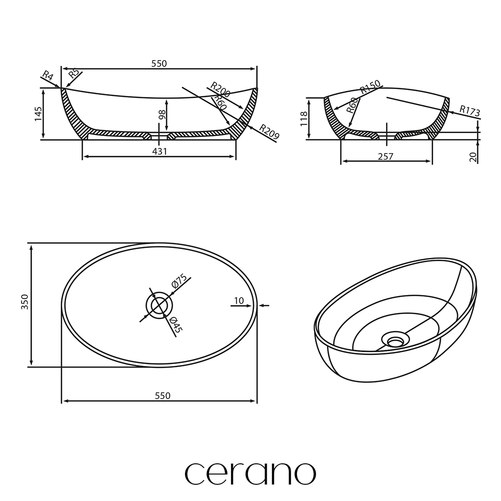CERANO - Umyvadlo z litého mramoru Gaia - na desku - bílá matná - 55,5x35 cm