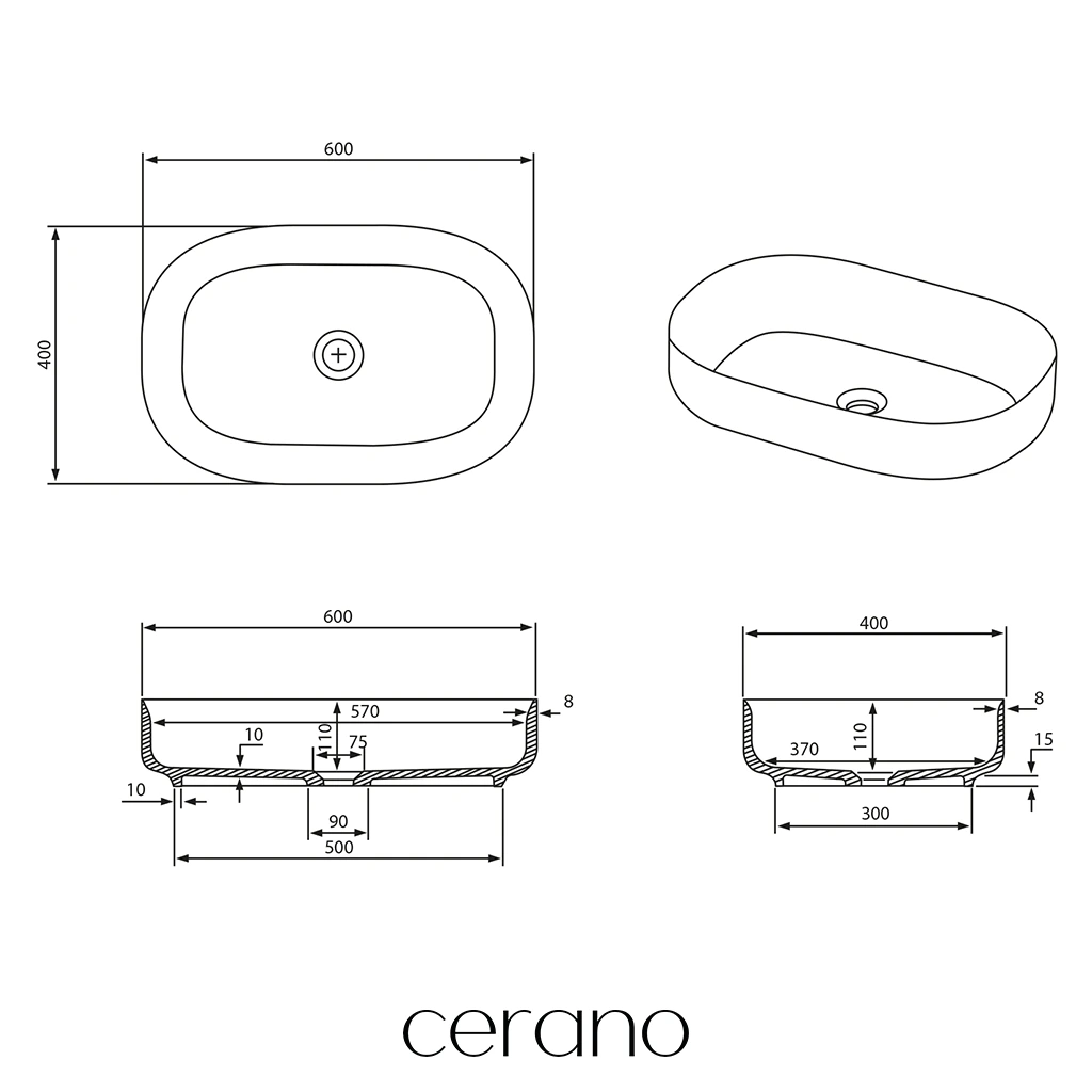 CERANO - Umyvadlo z litého mramoru Atria - na desku - černá matná - 60x40 cm