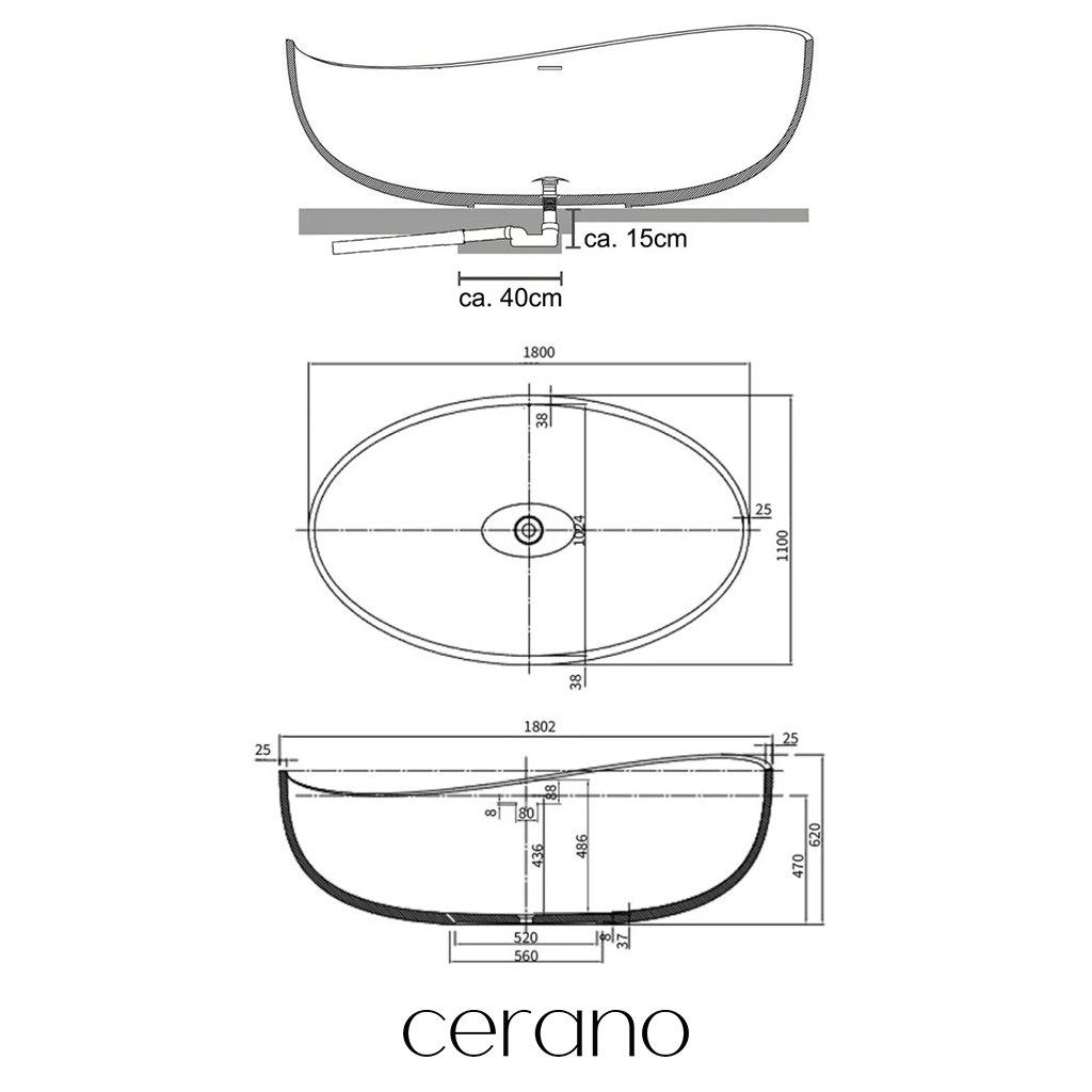 CERANO - Volně stojící vana z litého mramoru Valentina - černá matná - 180x110 cm