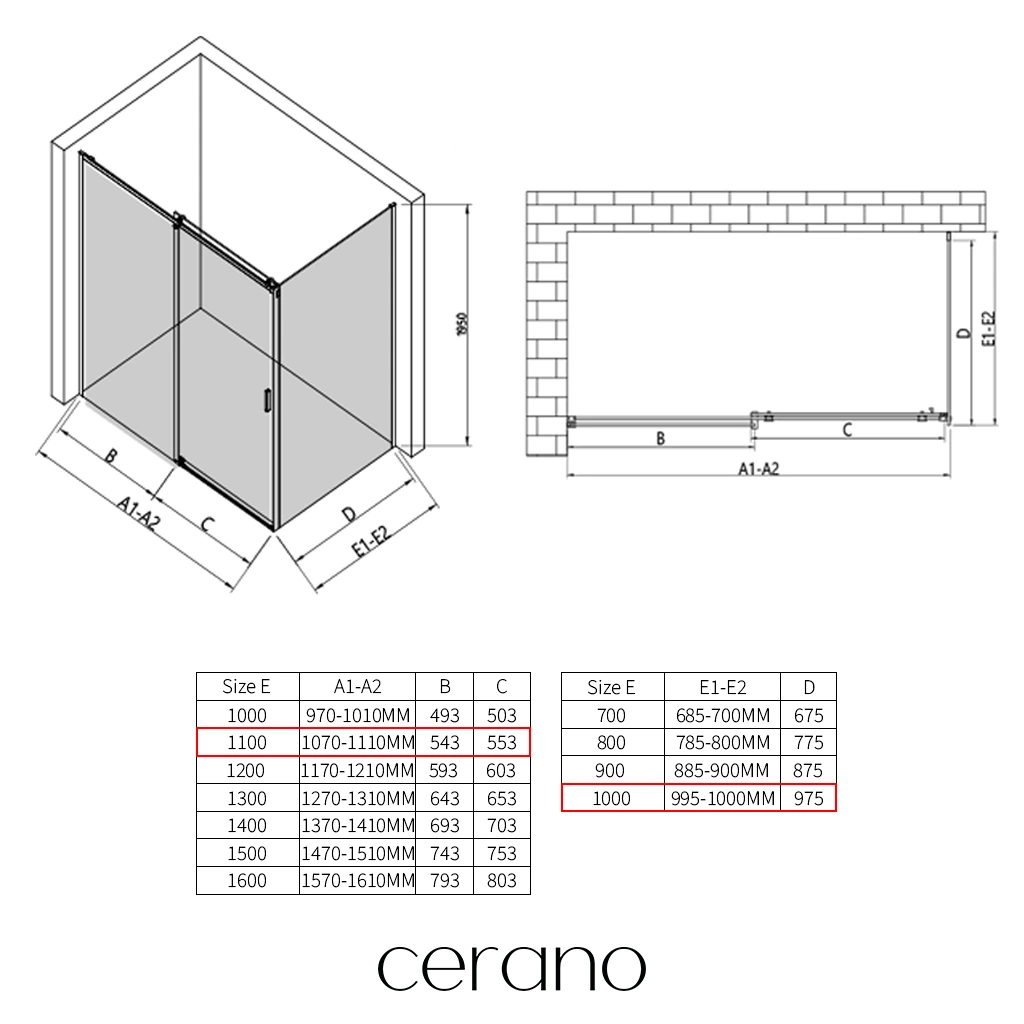CERANO - Sprchový kout Santoro L/P - 6 mm - černá matná, grafitové sklo - 110x100x195 cm - posuvný