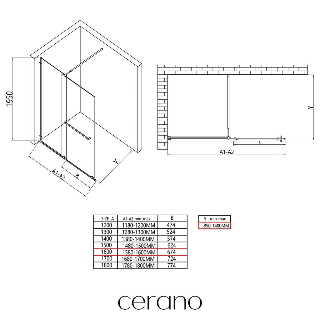 CERANO - Sprchová zástěna Walk-in Medin L/P - 8 mm - chrom, transparentní sklo - 160x195 cm - dvoudílná posuvná