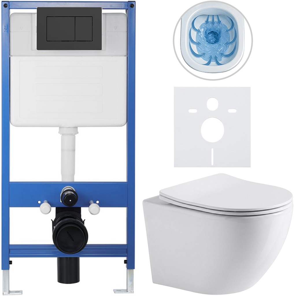 CERANO - Kompletní podomítkový WC set Lite/Verde - bílá lesklá - WC tlačítko Classic, černé matné - předstěnová instalace/sádrokarton - 49x36 cm