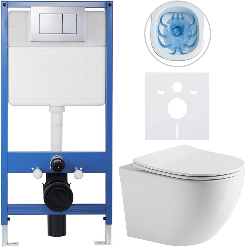 CERANO - Kompletní podomítkový WC set Lite/Verde - bílá lesklá - WC tlačítko Classic, chrom - předstěnová instalace/sádrokarton - 49x36 cm