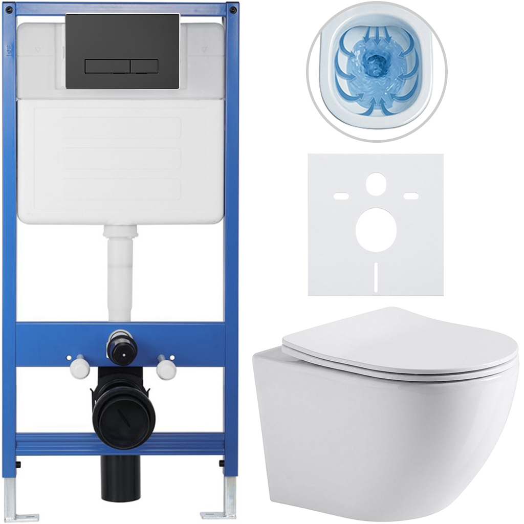 CERANO - Kompletní podomítkový WC set Lite/Verde - bílá lesklá - WC tlačítko Slim, černé matné - předstěnová instalace/sádrokarton - 49x36 cm