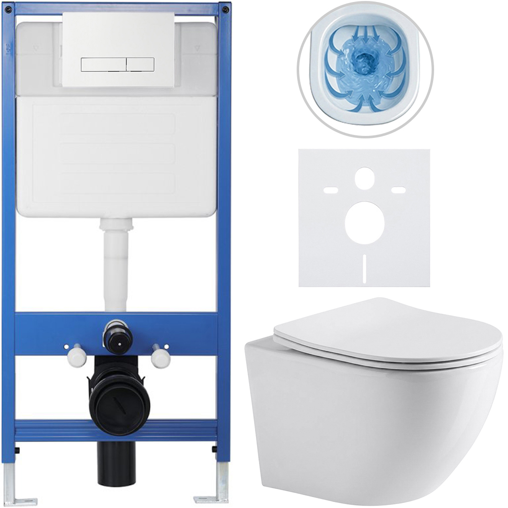 CERANO - Kompletní podomítkový WC set Lite/Verde - bílá lesklá - WC tlačítko Slim, bílé - předstěnová instalace/sádrokarton - 49x36 cm