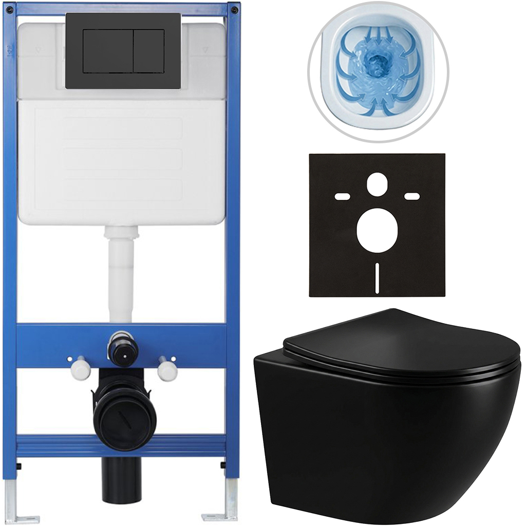CERANO - Kompletní podomítkový WC set Lite/Verde - černá lesklá - WC tlačítko Classic, černé matné - předstěnová instalace/sádrokarton - 49x36 cm