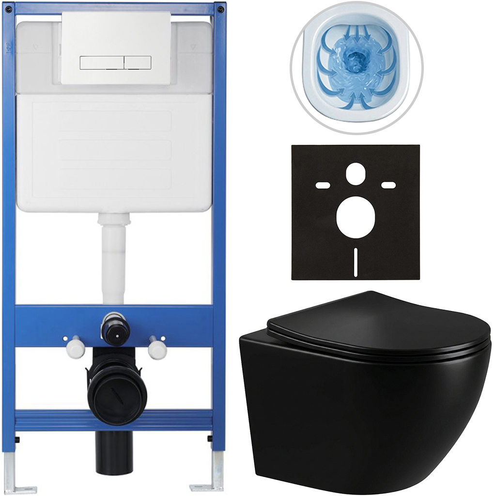 CERANO - Kompletní podomítkový WC set Lite/Verde - černá lesklá - WC tlačítko Slim, bílé - předstěnová instalace/sádrokarton - 49x36 cm