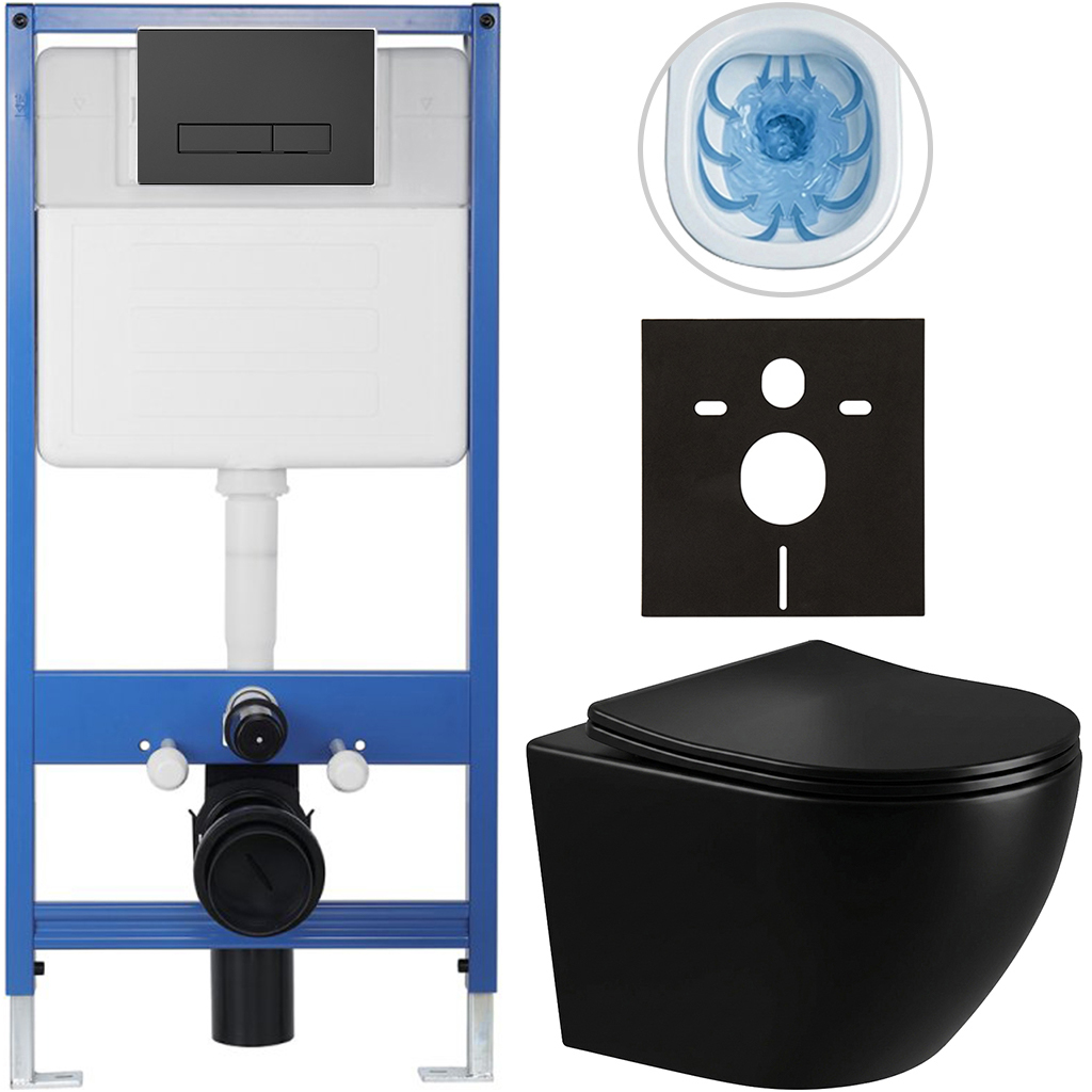 CERANO - Kompletní podomítkový WC set Lite/Verde - černá lesklá - WC tlačítko Slim, černé matné - předstěnová instalace/sádrokarton - 49x36 cm