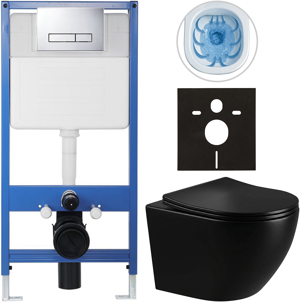CERANO - Kompletní podomítkový WC set Lite/Verde - černá lesklá - WC tlačítko Slim, chrom - předstěnová instalace/sádrokarton - 49x36 cm