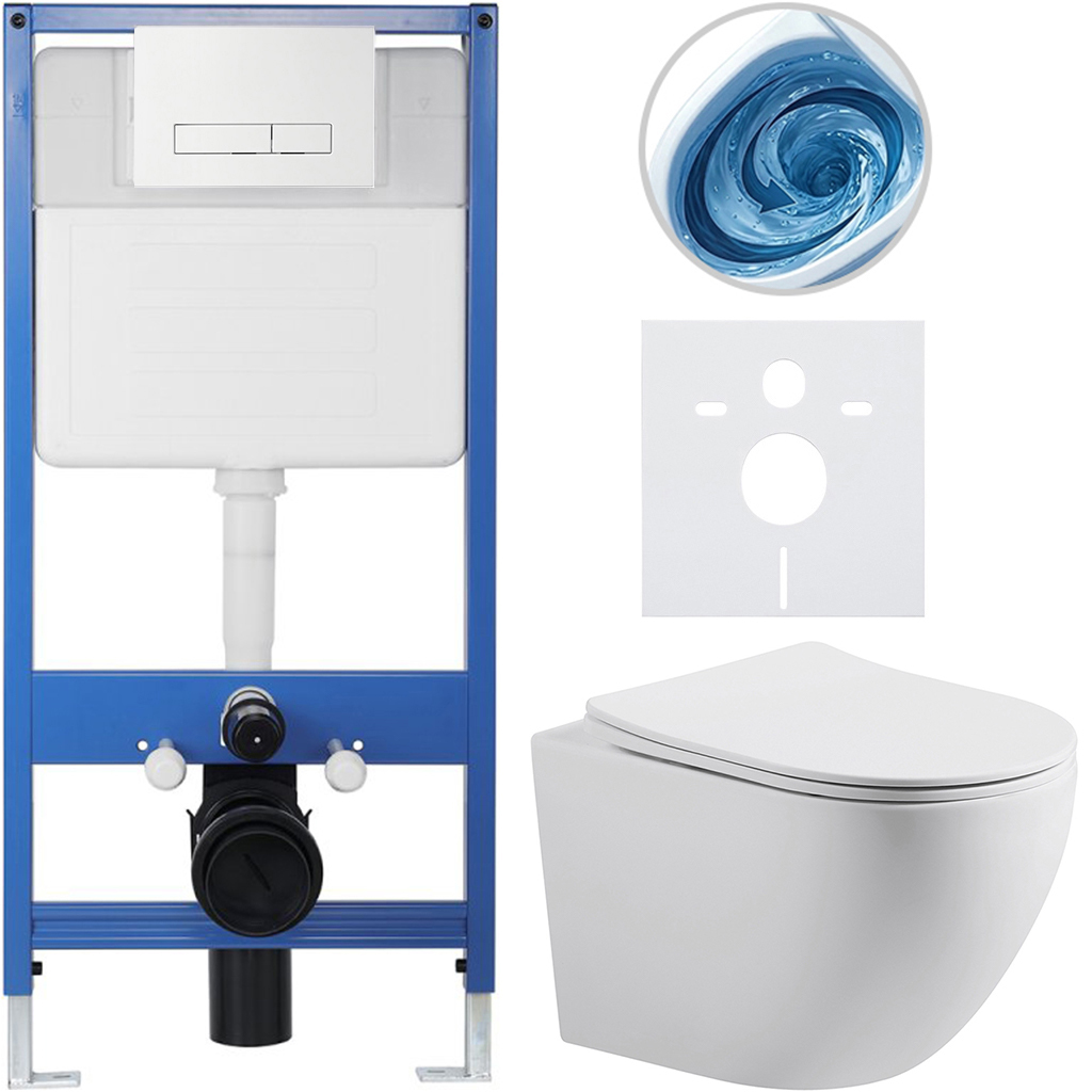 CERANO - Kompletní podomítkový WC set Lite/Cesso - bílá matná - WC tlačítko Slim, bílé - předstěnová instalace/sádrokarton - 49x36 cm