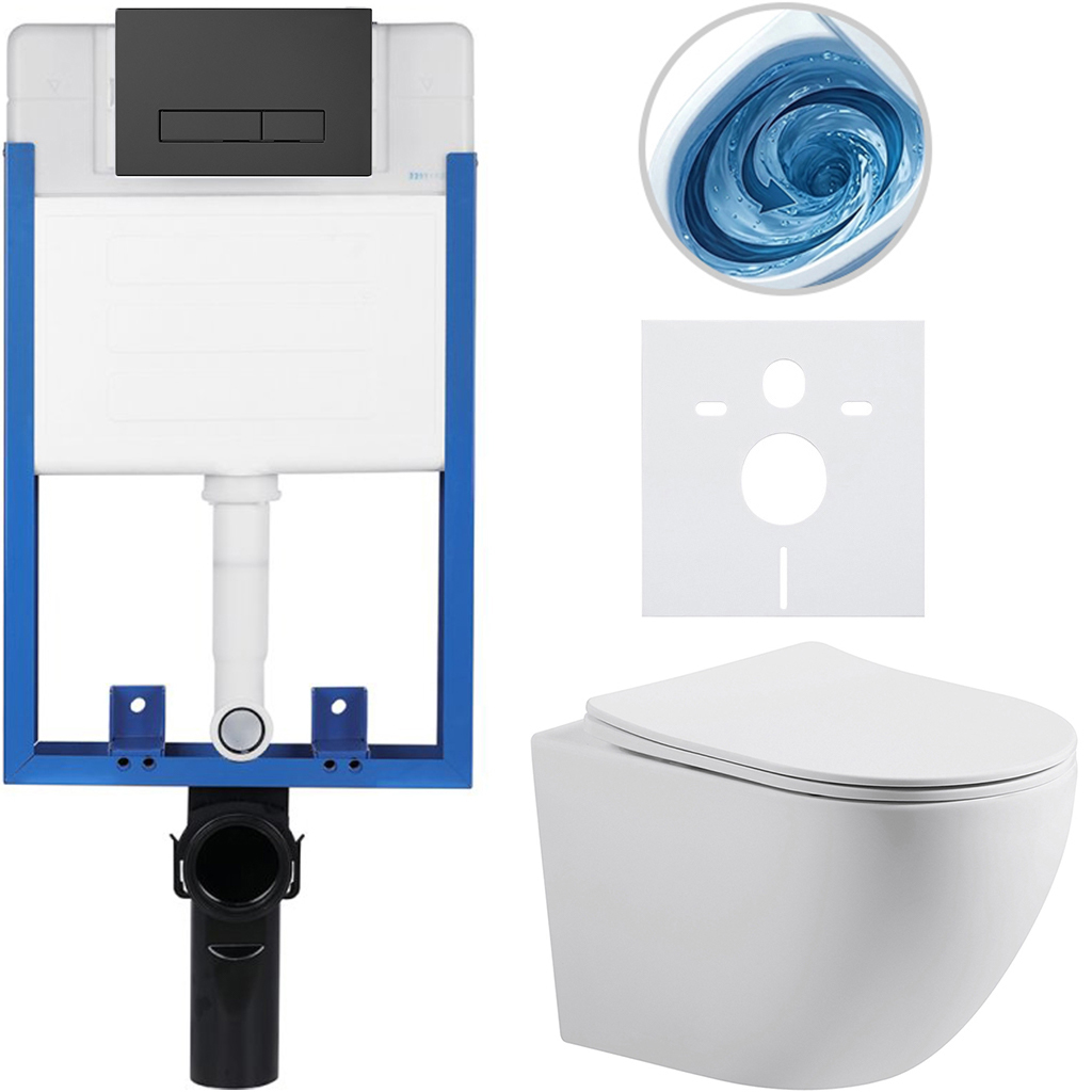 CERANO - Kompletní podomítkový WC set Lite/Cesso - bílá matná - WC tlačítko Slim, černé matné - k zazdění - 49x36 cm