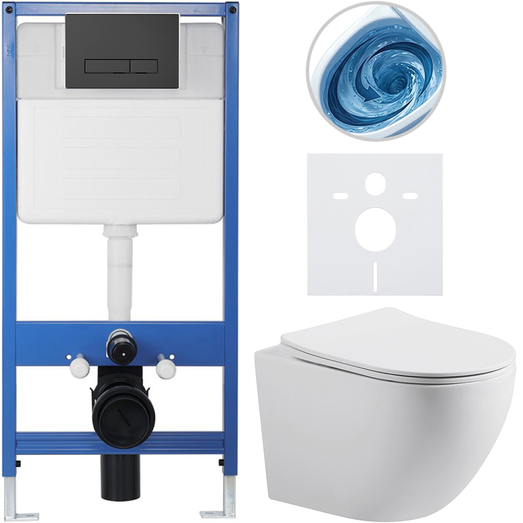 CERANO - Kompletní podomítkový WC set Lite/Cesso - bílá matná - WC tlačítko Slim, černé matné - předstěnová instalace/sádrokarton - 49x36 cm