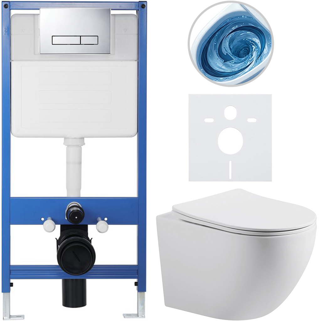 CERANO - Kompletní podomítkový WC set Lite/Cesso - bílá matná - WC tlačítko Slim, chrom - předstěnová instalace/sádrokarton - 49x36 cm