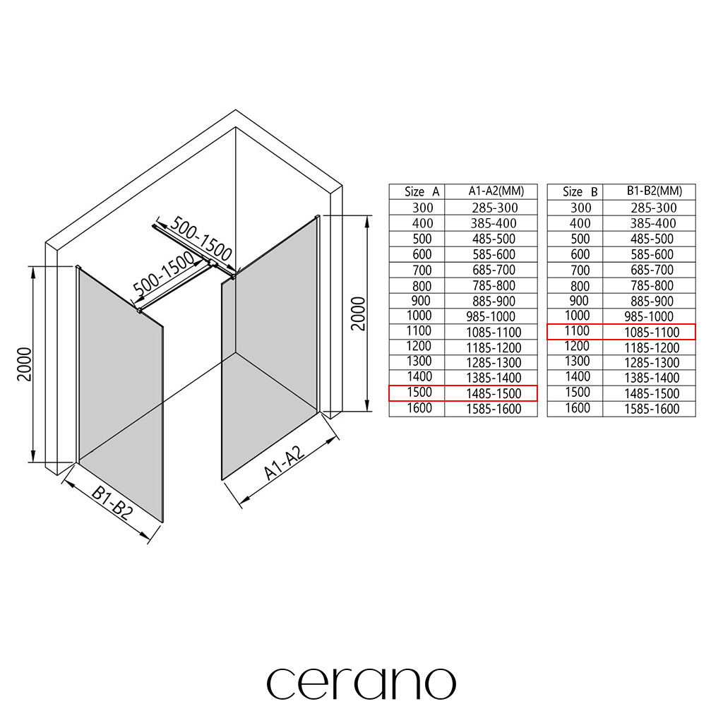 CERANO - Sprchová zástěna Walk-in Onyx T L/P - 8 mm - hranatá vzpěra - chrom, transparentní sklo - 150x110x200 cm