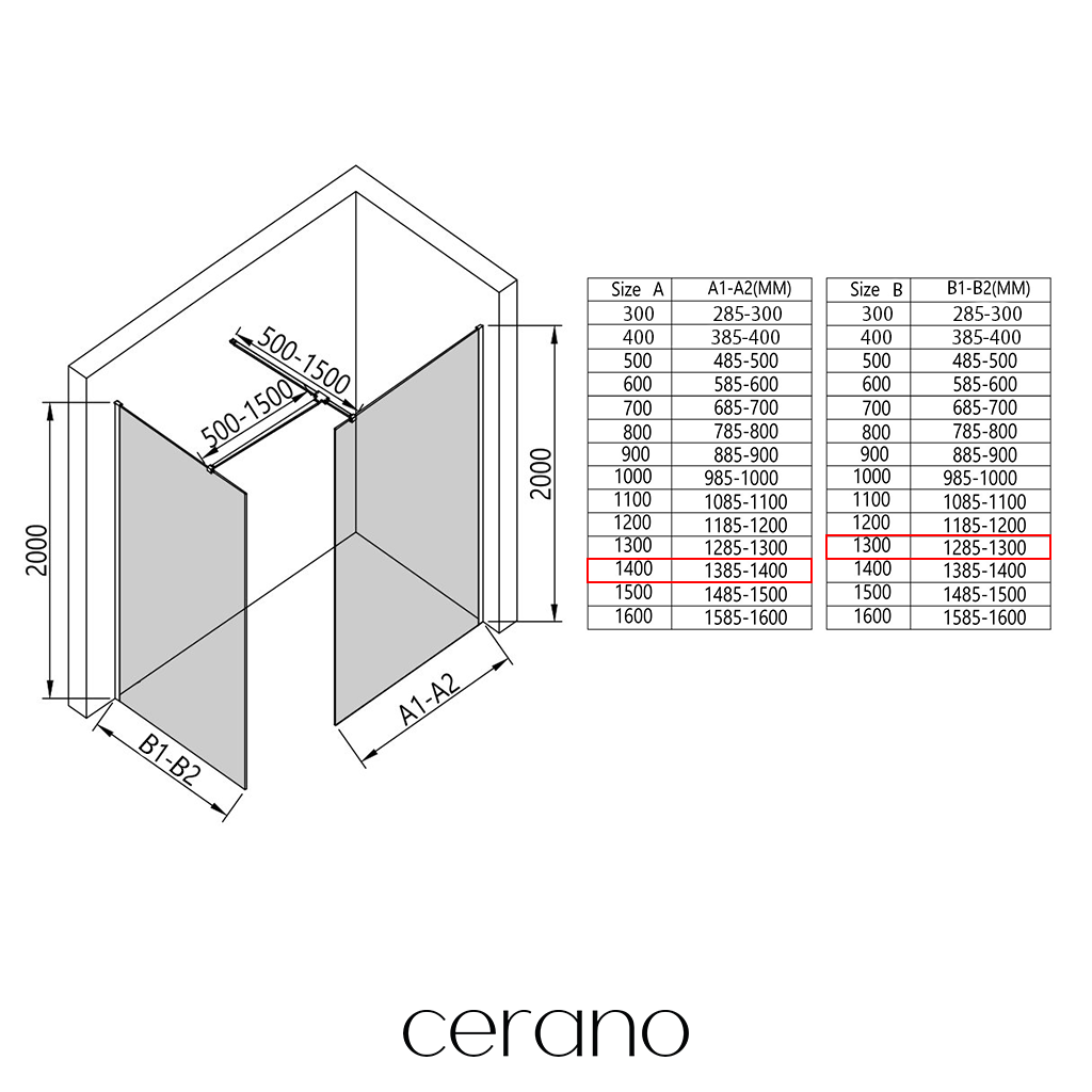 CERANO - Sprchová zástěna Walk-in Onyx T L/P - 8 mm - hranatá vzpěra - chrom, transparentní sklo - 140x130x200 cm