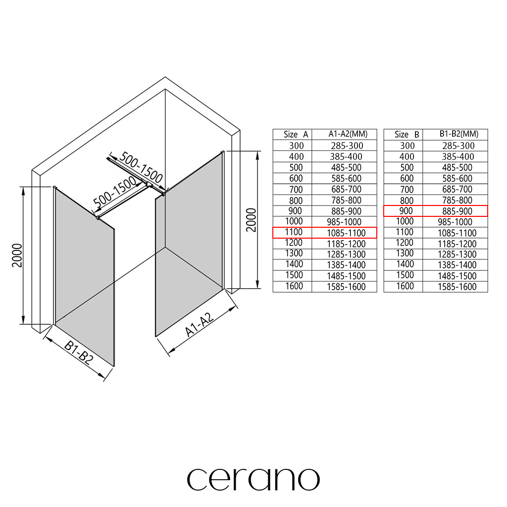 CERANO - Sprchová zástěna Walk-in Onyx T L/P - 8 mm - hranatá vzpěra - chrom, transparentní sklo - 110x90x200 cm