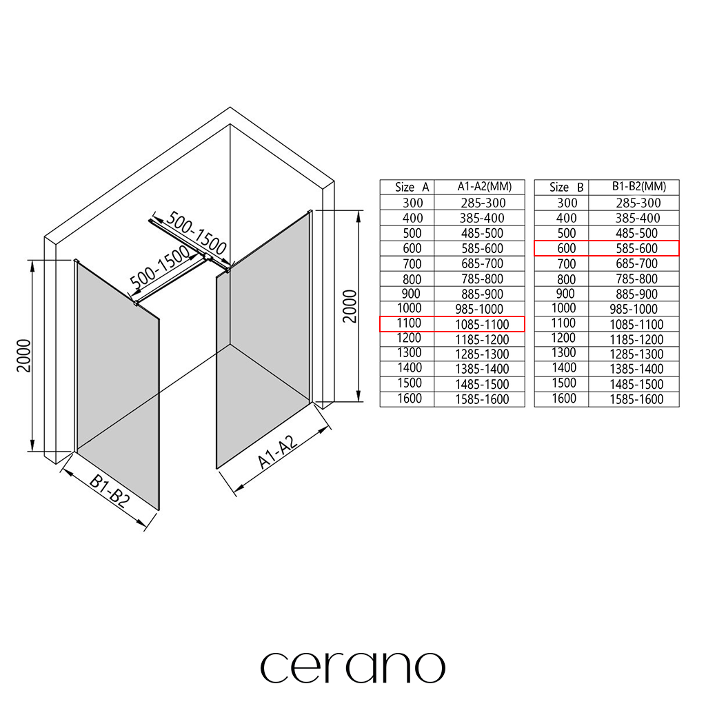 CERANO - Sprchová zástěna Walk-in Onyx T L/P - 8 mm - hranatá vzpěra - chrom, transparentní sklo - 110x60x200 cm