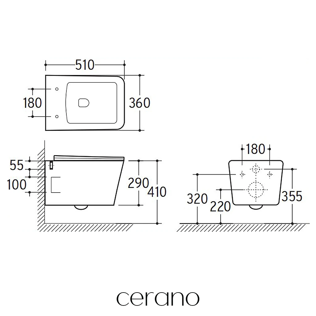 CERANO - WC závěsné Forte, Rimless + Slim/UF sedátko - bílá lesklá - 51x36 cm