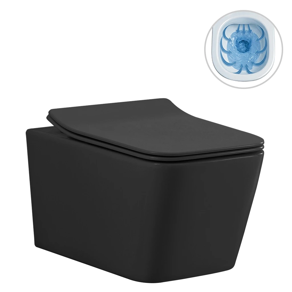 CERANO - Závěsná WC mísa Forte + UF sedátko, Rimless - černá matná - 51x36 cm