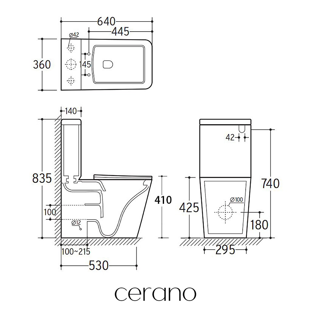 CERANO - WC kombi Bruno, Rimless + Slim/UF sedátko - spodní/zadní odpad- černá matná - 64x36 cm