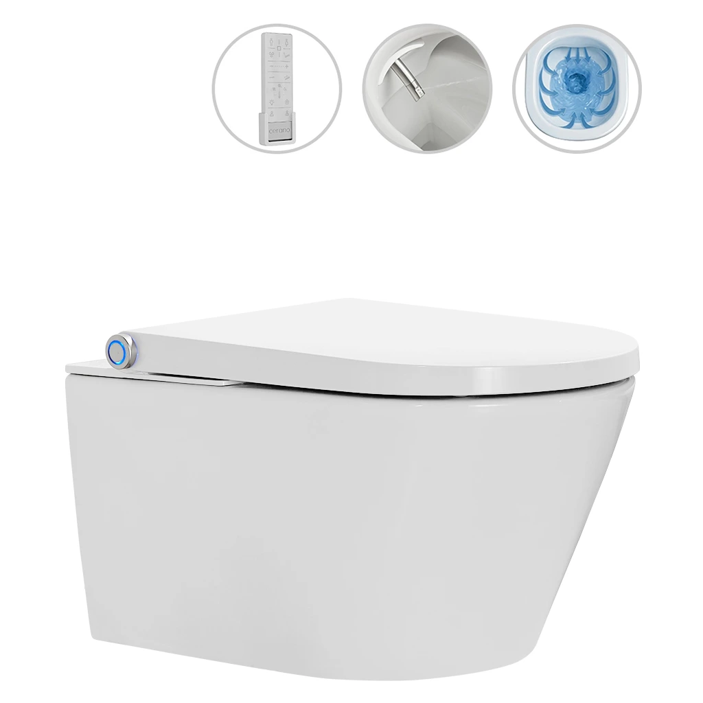 CERANO - WC závěsné s integrovaným elektronickým bidetem Cronus Pro, Vortex Rimless 180° + UF sedátko - bílá lesklá - 59,3x38,4 cm