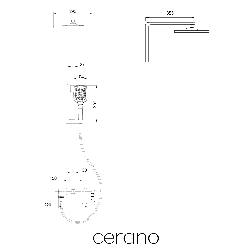CERANO - Sprchový nástěnný sloup Zenira - vanová otočná baterie - černá matná