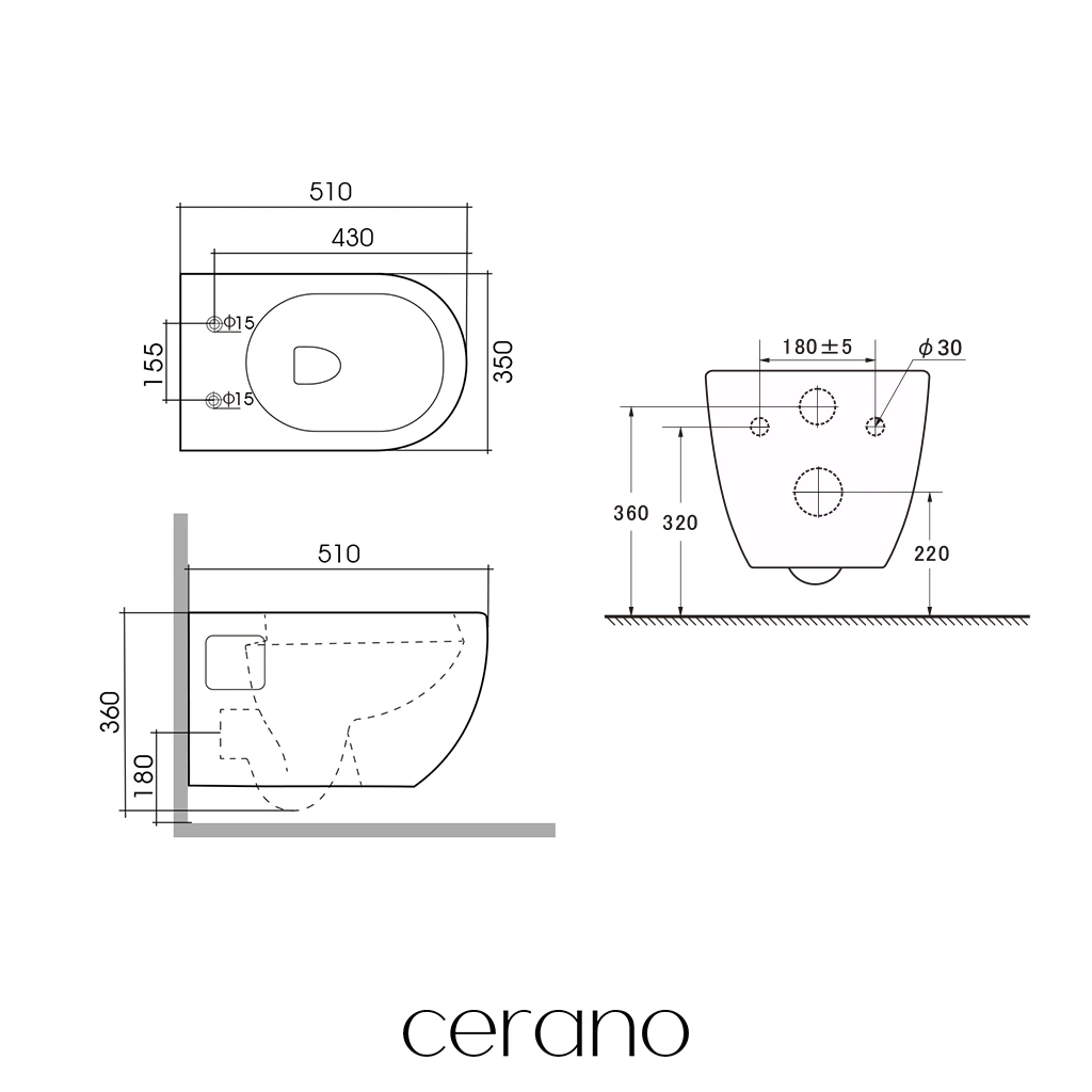 CERANO - WC závěsné Dure, Rimless + Slim/UF sedátko - bílá lesklá - 51x35 cm
