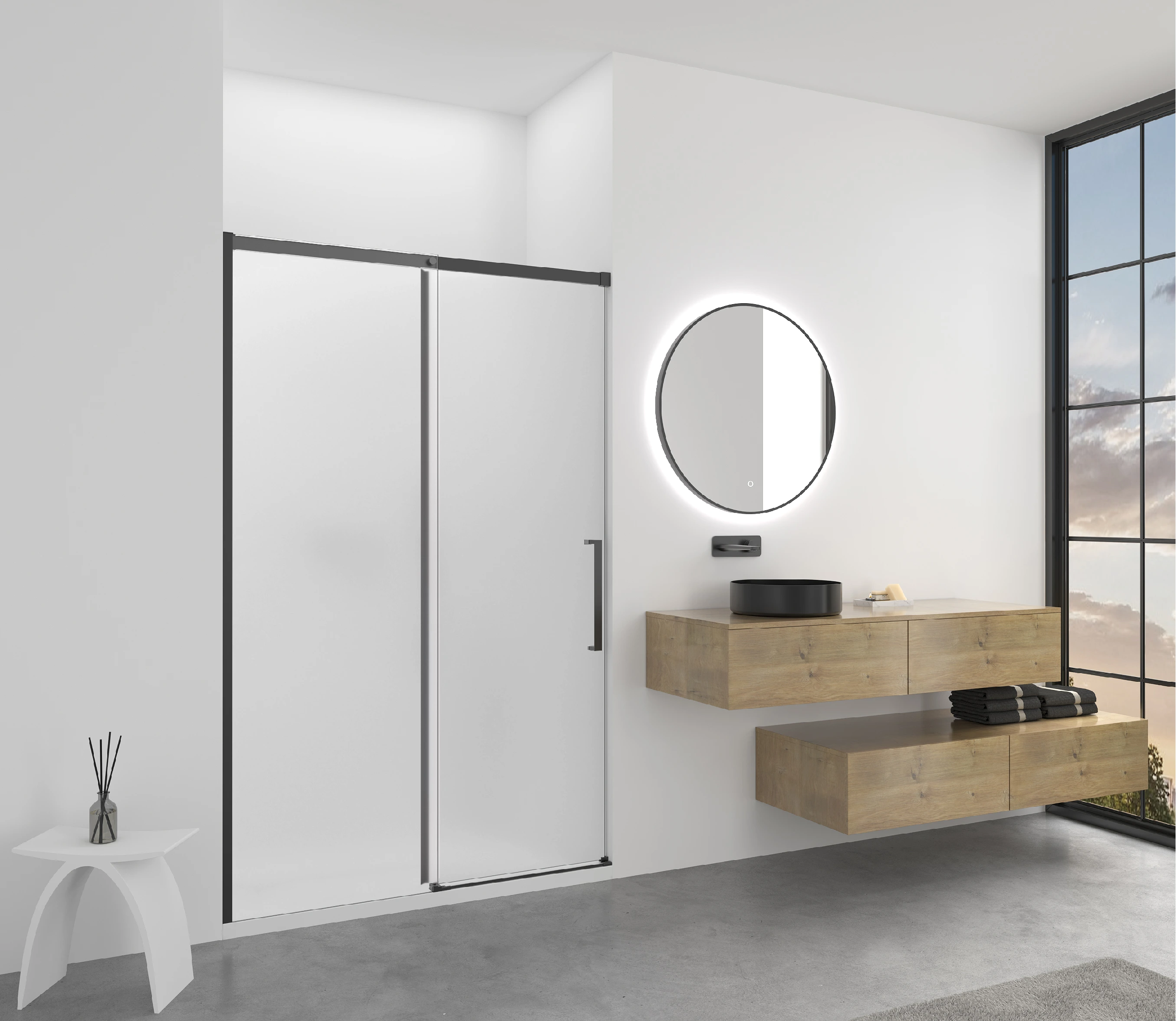 CERANO - Sprchové posuvné dveře Lantono - levá - 8 mm - Soft-Close - černá matná, mléčné sklo - 130x195 cm