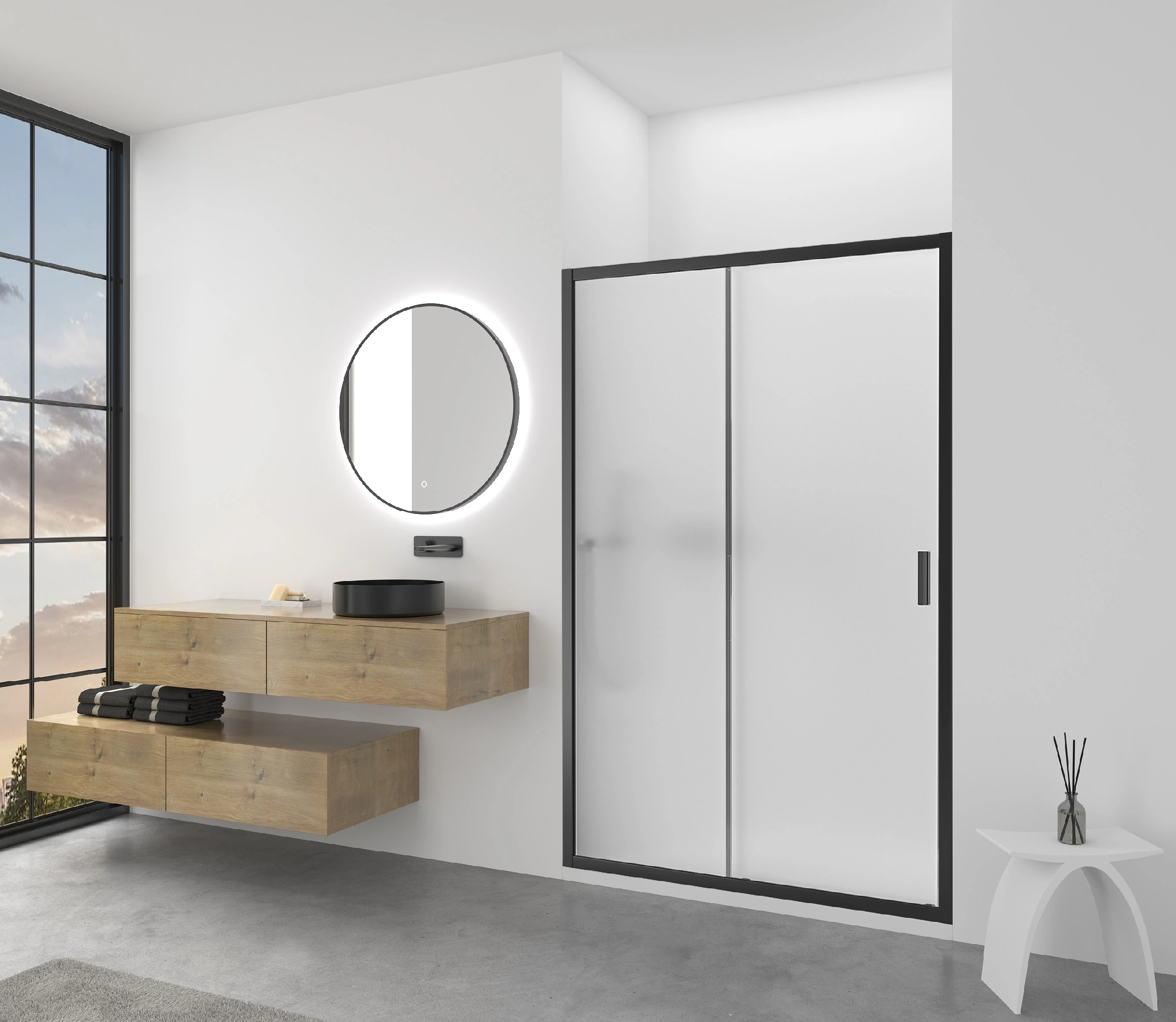 CERANO - Sprchové posuvné dveře Varone LINE L/P - 6 mm - černá matná, mléčné sklo - 100x195 cm