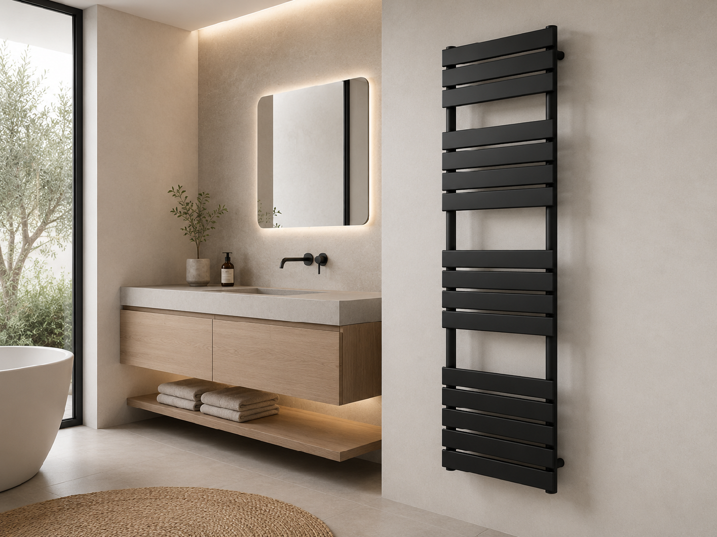 CERANO - Koupelnový radiátorový set Claude - kombinované vytápění, wifi tyč - boční jednobodové připojení - 600W - černá matná - 1600x500 mm